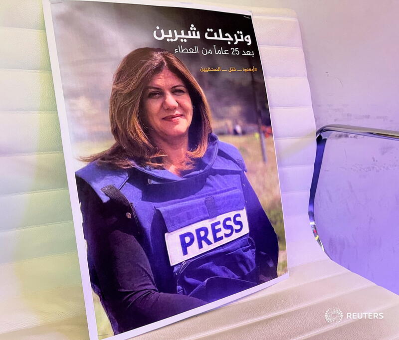 Reuters's tweet photo. Al Jazeera reporter Shireen Abu Akleh was shot dead during an Israeli raid in the occupied West Bank, with the news channel and a wounded colleague accusing Israel of killing her and Israel's leader saying she may have been hit by Palestinian fire https://t.co/19CZSRSBNX https://t.co/qBspxdfqCB