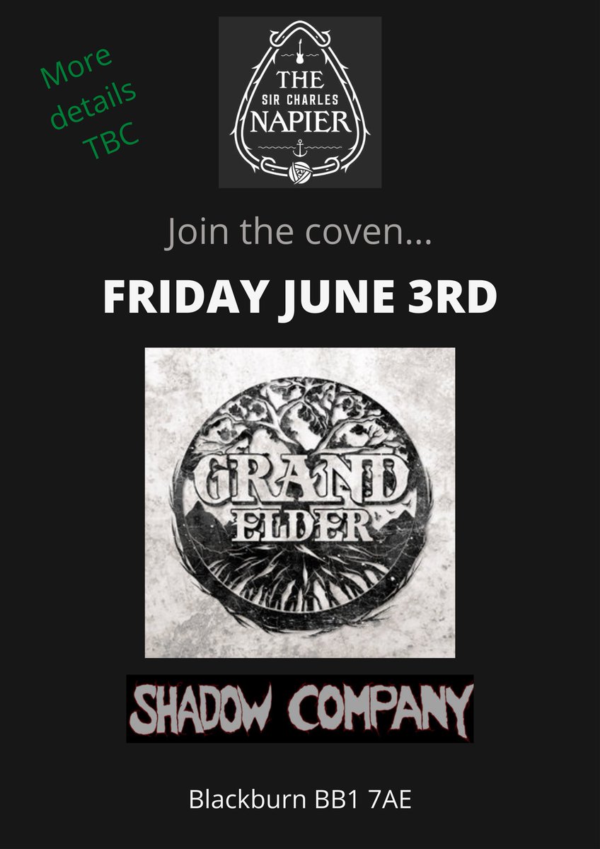 **GIG ANNOUNCEMENT**

Join us at the @napierblackburn on Friday June 3rd with support from Shadow Company 

More details tbc...

#GrandElder #stonermetal #psychedelicmetal #livemusic #gigs #ukmetalbands #ukmetalband #metal #riffs #napierblackburn #shadowcompany #occultmetal