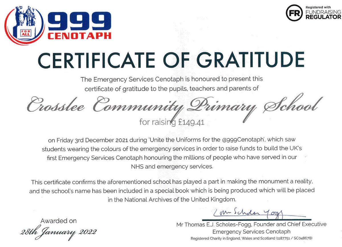 Thank you to all the children who took part in our own clothes day and donated to the <a href="/999Cenotaph/">Emergency Services Cenotaph</a> campaign. Crosslee has been mentioned in a special book that will be placed in the National Archives #UniteTheUniforms