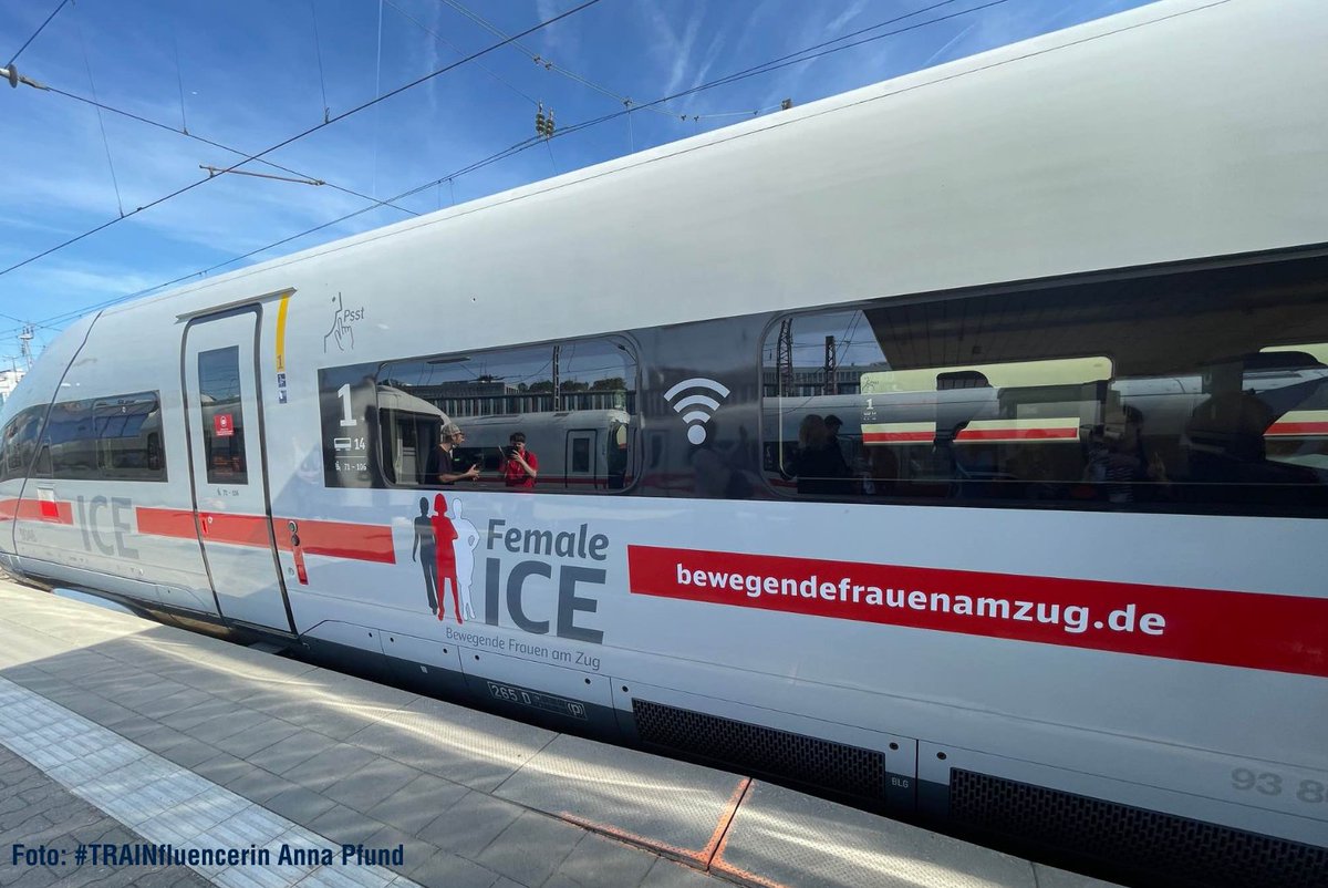Schienenallianz's tweet photo. Gemeinsam können Frauen viel bewegen – z. B. einen ganzen ICE! Heute fährt der #FemaleICE mit weiblicher Besetzung im Zug, an Stellwerken und Bahnhöfen entlang der Strecke. Ein wichtiges Zeichen, denn nur etwa jede fünfte Stelle in der Branche ist von einer Eisenbahnerin besetzt. https://t.co/82OhIvu7bM