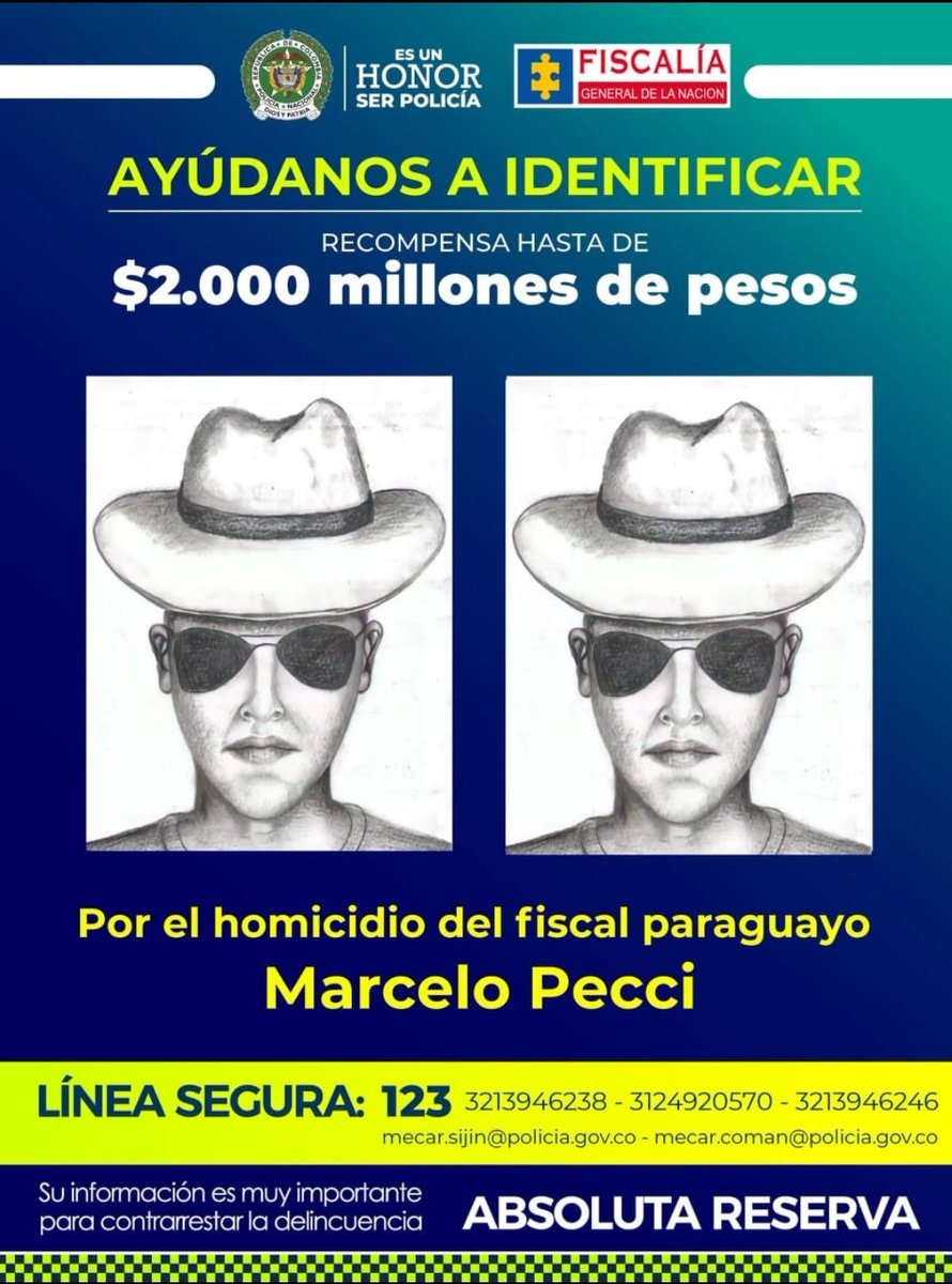 DirectorPolicia's tweet photo. ¡Ayúdenos a identificarlo! Este es el retrato hablado de uno de los presuntos autores del homicidio del fiscal contra el Crimen Organizado de Paraguay, Marcelo Pecci, ocurrido en Barú, #Cartagena.

¡Absoluta reserva! https://t.co/Pr0OUJTA9y