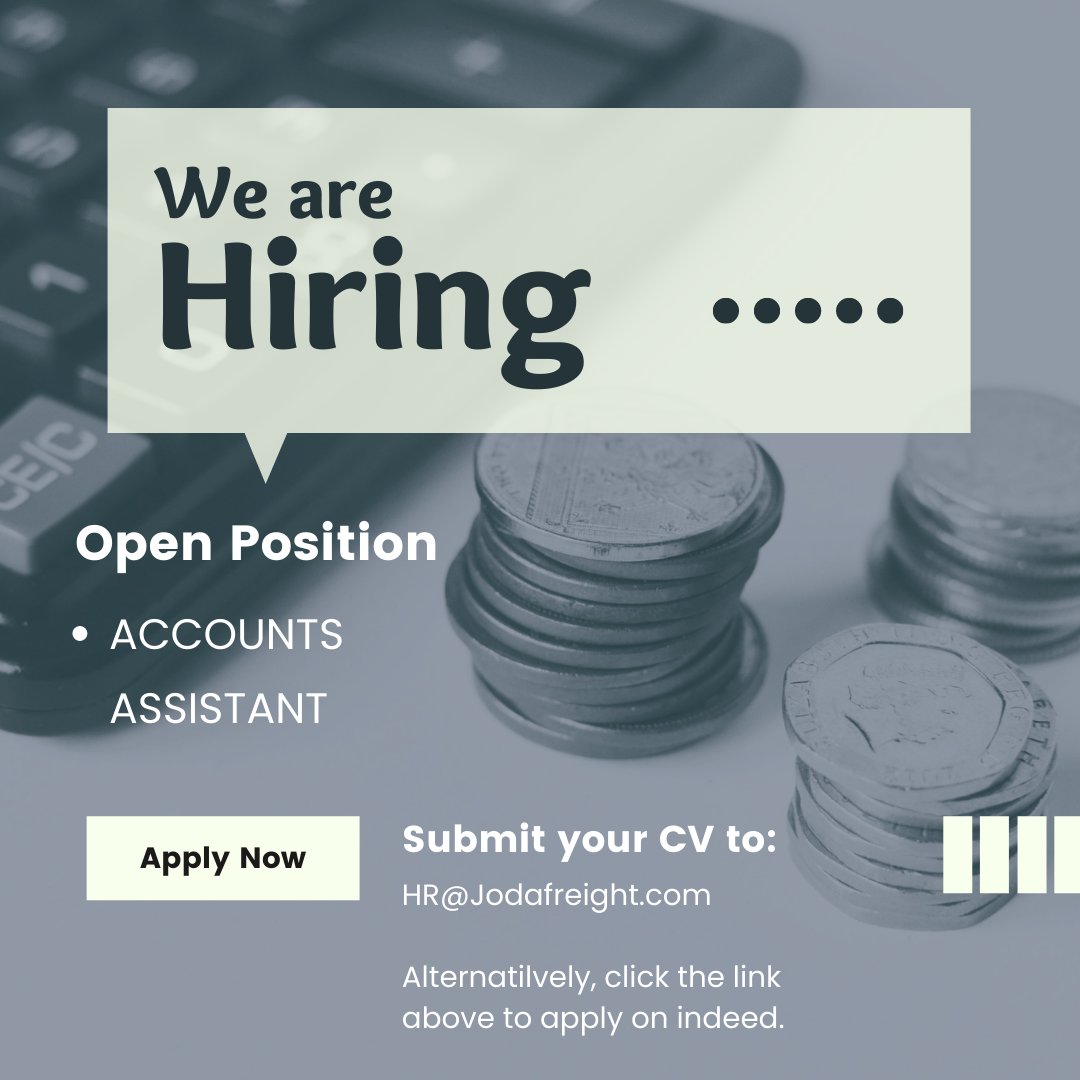 We are currently looking for an accounts assistant to join our finance team.

If you or someone you know may be interested in this role then we welcome application.

Please send your CV to HR@jodafreight.com or click the link below.

employers.indeed.com/jobs?co=GB&hl=…