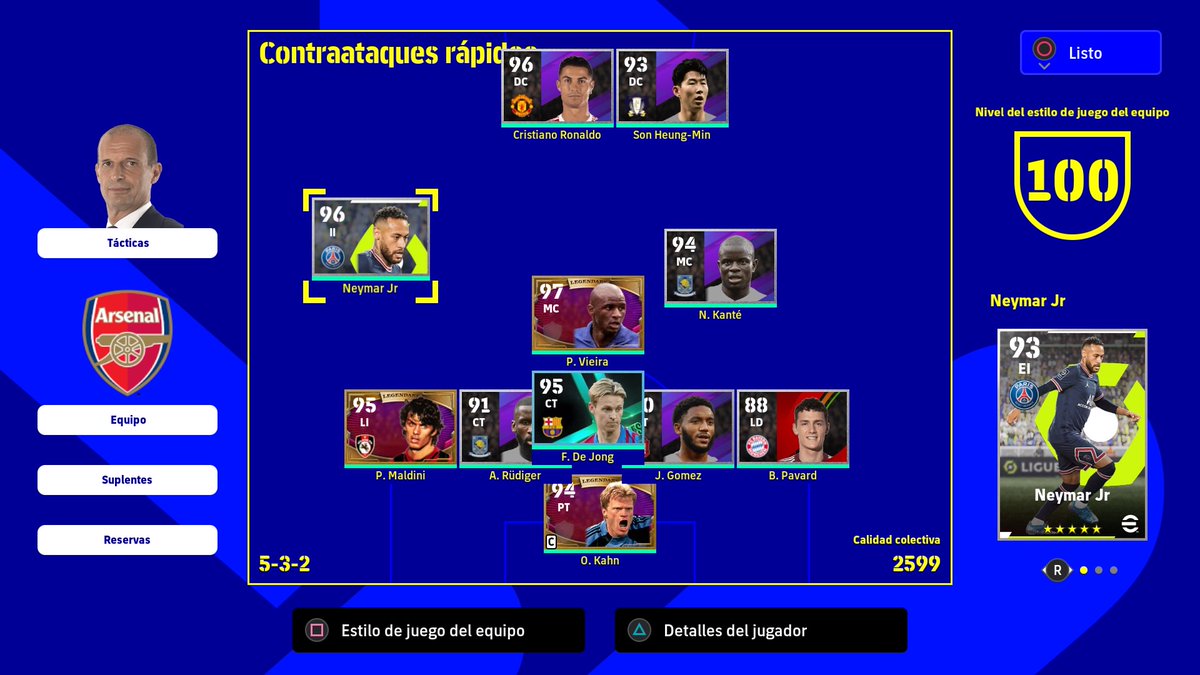 -TÁCTICAS ESQUEMA BATICAO 
1. Defensivo lti (maldini)
2. El otro lateral (pavard) es defensivo, asi ahorramos una instrucción.
3. Delantero liberado a un dc (CR7)
4. *Instrucción clave* OFENSIVO DE JONG
5. Vieria- kante( jugadores clave por sus stats, me permiten ir sin mcd) 
⬇️