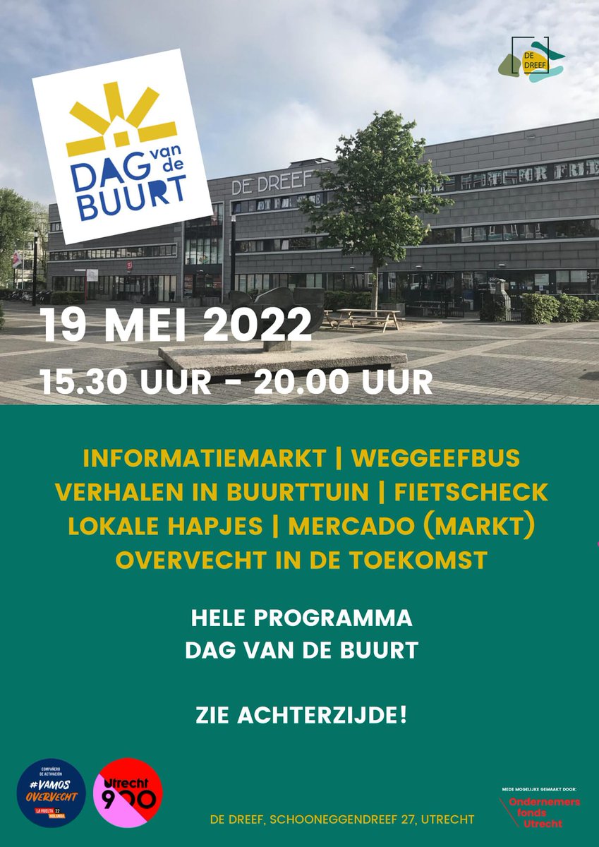 Marianne_dW's tweet photo. Donderdag 19 mei is het Dag van de Buurt in #Overvecht: allerlei activiteiten op plein De Dreef @dedreefutrecht, o.a. #rommelmarkt, informatiemarkt, hapjes🍕 en opening #fietshub. Kom je ook? #Utrecht #DagVanDeBuurt https://t.co/QPhGkYCZaE
