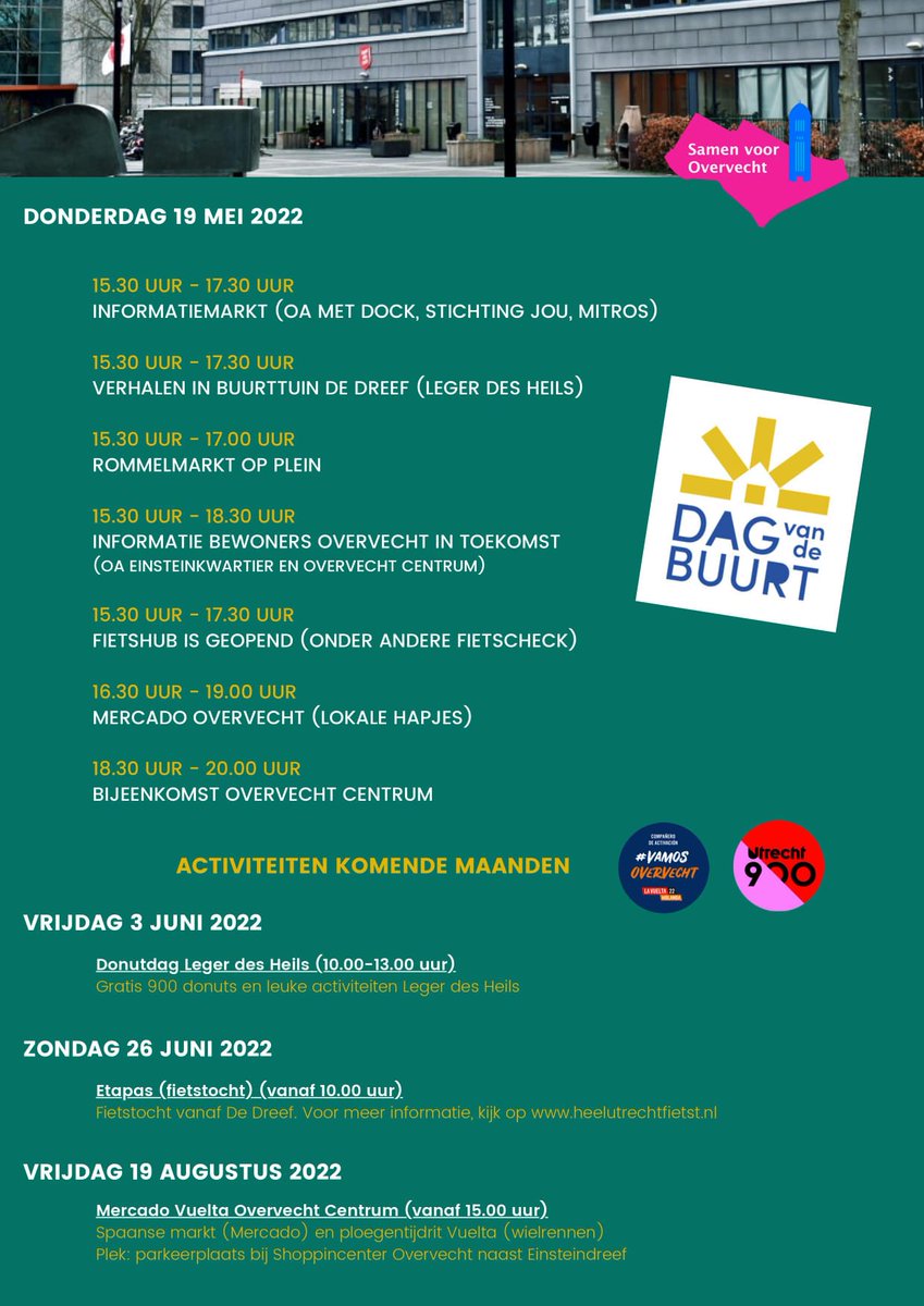 Marianne_dW's tweet photo. Donderdag 19 mei is het Dag van de Buurt in #Overvecht: allerlei activiteiten op plein De Dreef @dedreefutrecht, o.a. #rommelmarkt, informatiemarkt, hapjes🍕 en opening #fietshub. Kom je ook? #Utrecht #DagVanDeBuurt https://t.co/QPhGkYCZaE