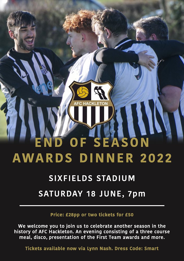 afchackleton_'s tweet image. With another season done and dusted, all attentions now turn to the End of Season Dinner. 

Taking place on Saturday 18th June from Sixfields Stadium, we hope you can join us to celebrate another season in the history of AFC Hackleton 🖤🤍