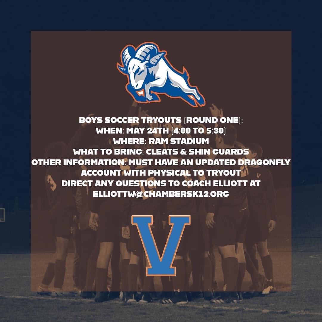 VHSRamsSoccer's tweet photo. Info for boy's and girl's tryouts:

You must signup with your chambers email. A link for each signup sheet is on our site located in our bio. 

#GoRams ⚽️🙌 https://t.co/7wrDdVlaua