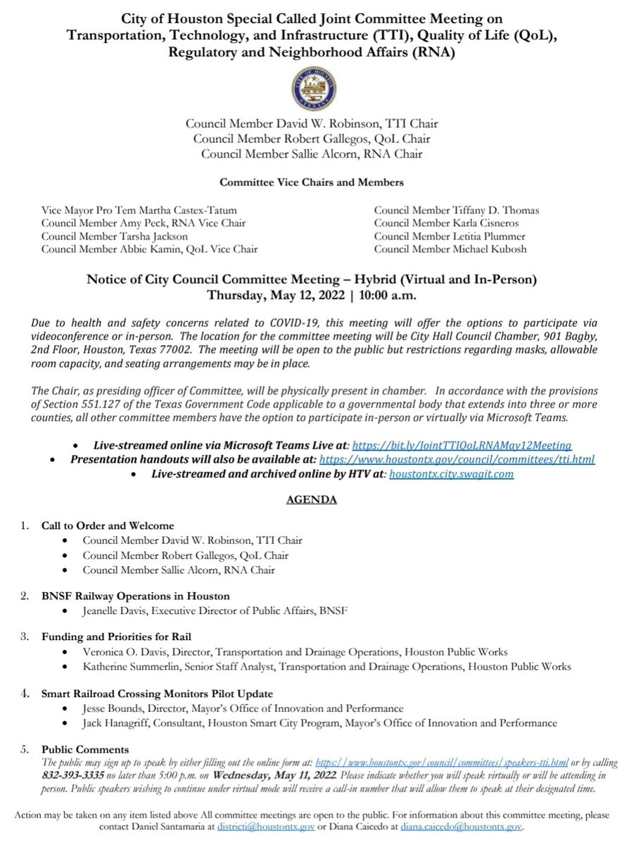#HouCouncil is hosting a second joint committee meeting Thursday, May 12 at 10am to discuss railroad operations. Residents who wish to offer testimony on community impacts due to poor rail operations can do so by signing up to speak at 
houstontx.gov/council/commit… by 5 today, May 11.