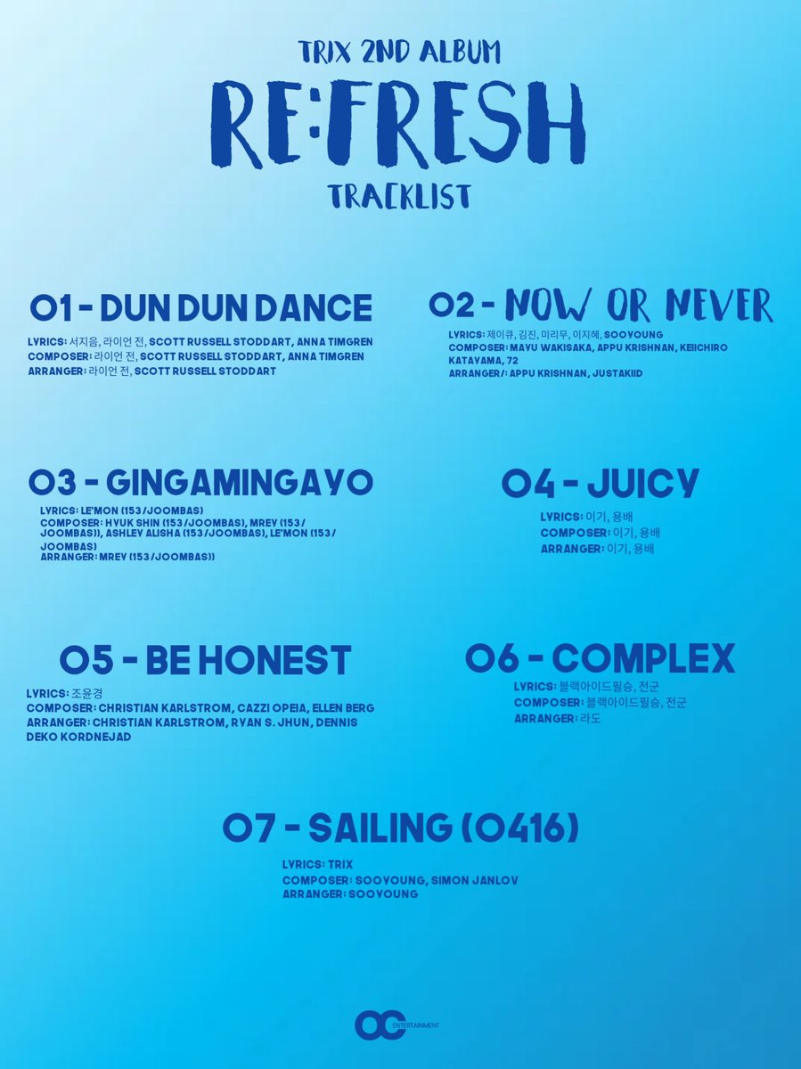 bnation_e's tweet photo. "TRIX"
2nd Full Album 'RE:Fresh' 

📅 [2022.05.13]
📷 [TRACKLIST] 

#TRIX #RE_Fresh #COMEBACK #OC_ENT https://t.co/XLRtkVgdr2