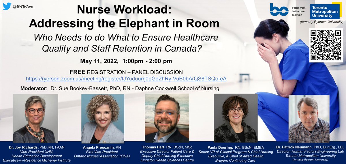 #FREEWebinar - Don't forget to join us TODAY (1pm EST) to discuss #NurseWorkload: "Addressing the Elephant in the Room - Who Needs to do What to Ensure #Healthcare #Quality &amp; #StaffRetention in #Canada"
Moderator: <a href="/suebb934/">Dr. Sue Bookey-Bassett</a>
ryerson.zoom.us/meeting/regist… 

#NursingWeek #NursingWeek2022