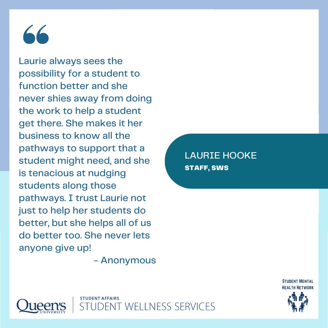Champion for Mental Health, Laurie Hooke. Thank you for all that you do to support student mental health and wellbeing. Click the link in the bio to hear what this Queen's community member has to say about student mental health. #studentmentalhealth #queensu