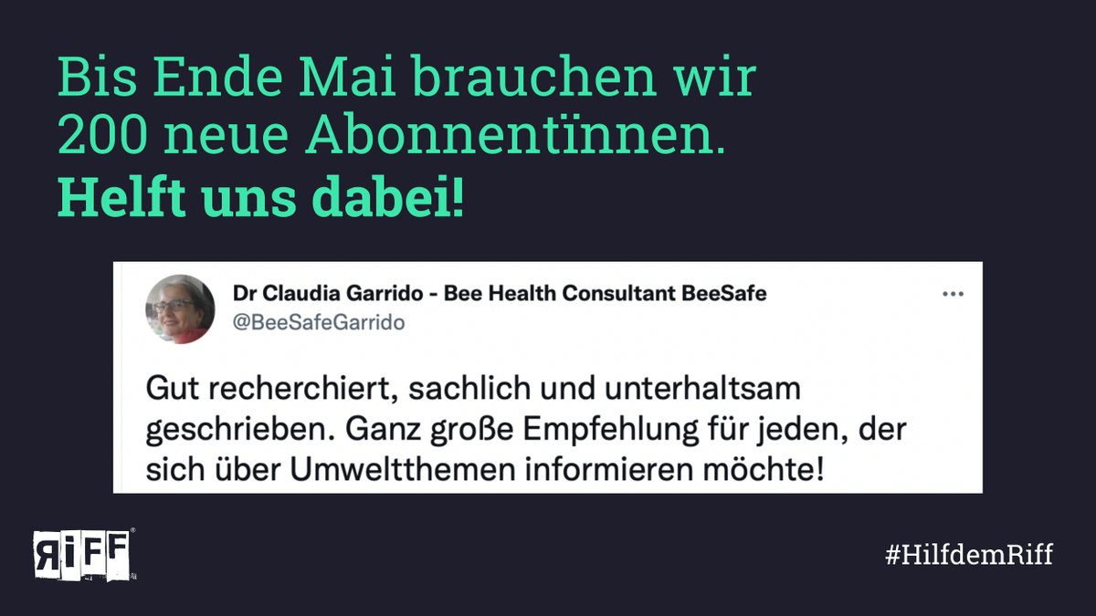 riffreporter's tweet photo. Wir wollen euch nicht nerven, aber: Wir suchen immer noch neue Abonnentïnnen. Ihr interessiert euch für #Umwelt, #Nachhaltigkeit und #Klima-Themen? @BeeSafeGarrido hat Gründe für euch, warum sich ein #Abo bei uns lohnt. #HilfdemRiff https://t.co/2F5fXex1nM