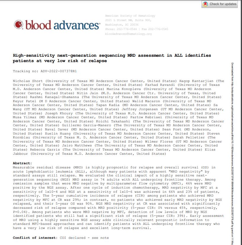 Hagop Kantarjian,MD (@drhkantarjian) on Twitter photo NGS-based MRD (sensitivity: 1x10^-6) is superior to flow MRD in predicting ALL relapse. Rapid NGS MRD negativity should be the goal of any new #ALL therapy.
Nicholas Short, MD, <a href="/NicholasShortMD/">Nicholas Short MD</a>, of <a href="/MDAndersonNews/">MD Anderson Cancer Center</a> #Leukemia
doi.org/10.1182/blooda… via <a href="/BloodAdvances/">Blood Advances</a>
#leusm NGS-based MRD (sensitivity: 1x10^-6) is superior to flow MRD in predicting ALL relapse. Rapid NGS MRD negativity should be the goal of any new #ALL therapy.
Nicholas Short, MD, <a href="/NicholasShortMD/">Nicholas Short MD</a>, of <a href="/MDAndersonNews/">MD Anderson Cancer Center</a> #Leukemia
doi.org/10.1182/blooda… via <a href="/BloodAdvances/">Blood Advances</a>
#leusm