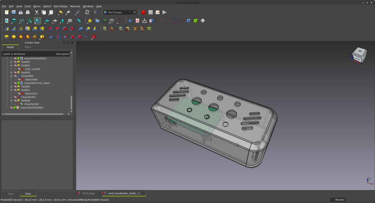 Chihauccilconte's tweet photo. As I wait for the PCBs to arrive, here some #FreeCAD + #KiCAD (mixed through the #KiCADstepup addon) porn related to the #moodmeter I'm designing as part of VOID Project #iot #esp32 #arduino #firebase #3dmodeling #interactiondesign #digitalfabrication #industrialdesign #design https://t.co/VAVHnY5UyV
