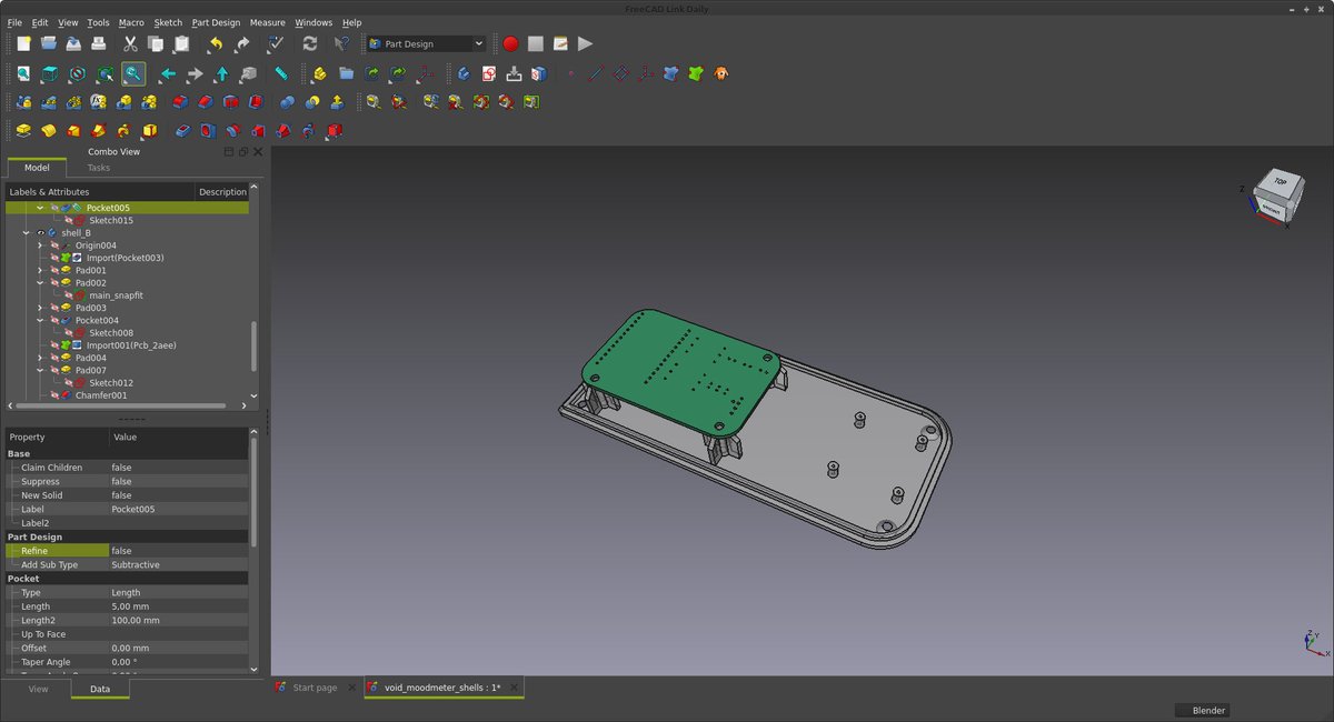 Chihauccilconte's tweet photo. As I wait for the PCBs to arrive, here some #FreeCAD + #KiCAD (mixed through the #KiCADstepup addon) porn related to the #moodmeter I'm designing as part of VOID Project #iot #esp32 #arduino #firebase #3dmodeling #interactiondesign #digitalfabrication #industrialdesign #design https://t.co/VAVHnY5UyV