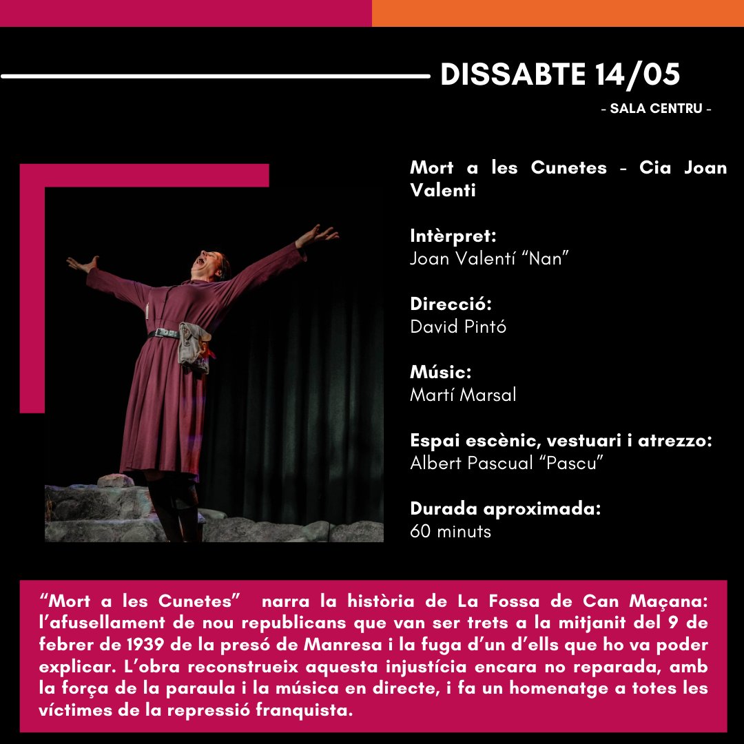 #TMC_ElCentru | Aquest dissabte, a la Sala Centru del #TMCanet farem un homenatge a les víctimes de la repressió franquista amb la representació de 'Mort a les Cunetes' de la companyia Joan Valenti

🗓 Dissabte 14 de maig
➡️ A les 20:30 h.
🎟️ Entrades a bit.ly/3FElHiK