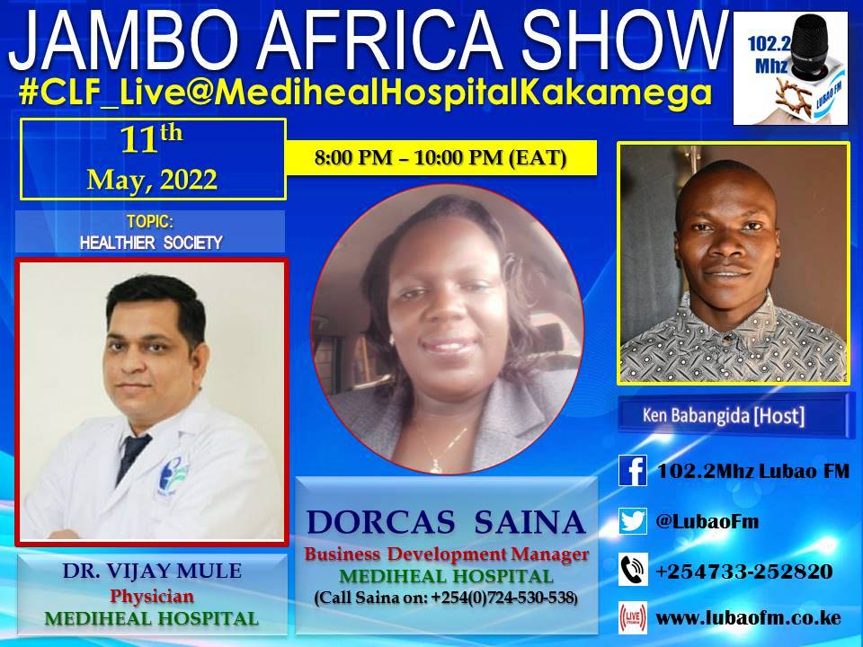 LubaoFm's tweet photo. Tonight! We bring to you a #HealthyTalk with Dr. Vijay Mule and Ms. Dorcas Saina, #LiveOB from @mediheal_group #KakamegaFacility, at Holden Mall.
Share your thoughts with us!!
@MOH_Kenya @rhnkorg @icrhk_official @Amref_Kenya @Amref_Worldwide @bbchealth @WHO https://t.co/nzoowl8T3M