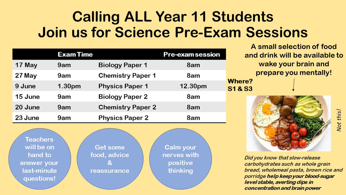 oxtedschool's tweet photo. Year 11 students are invited to Pre-Exam Sessions for English, Maths and Science - breakfast included! 😀
#Exams #GCSErevision #revisionclasses https://t.co/ZBbuxNNAzA
