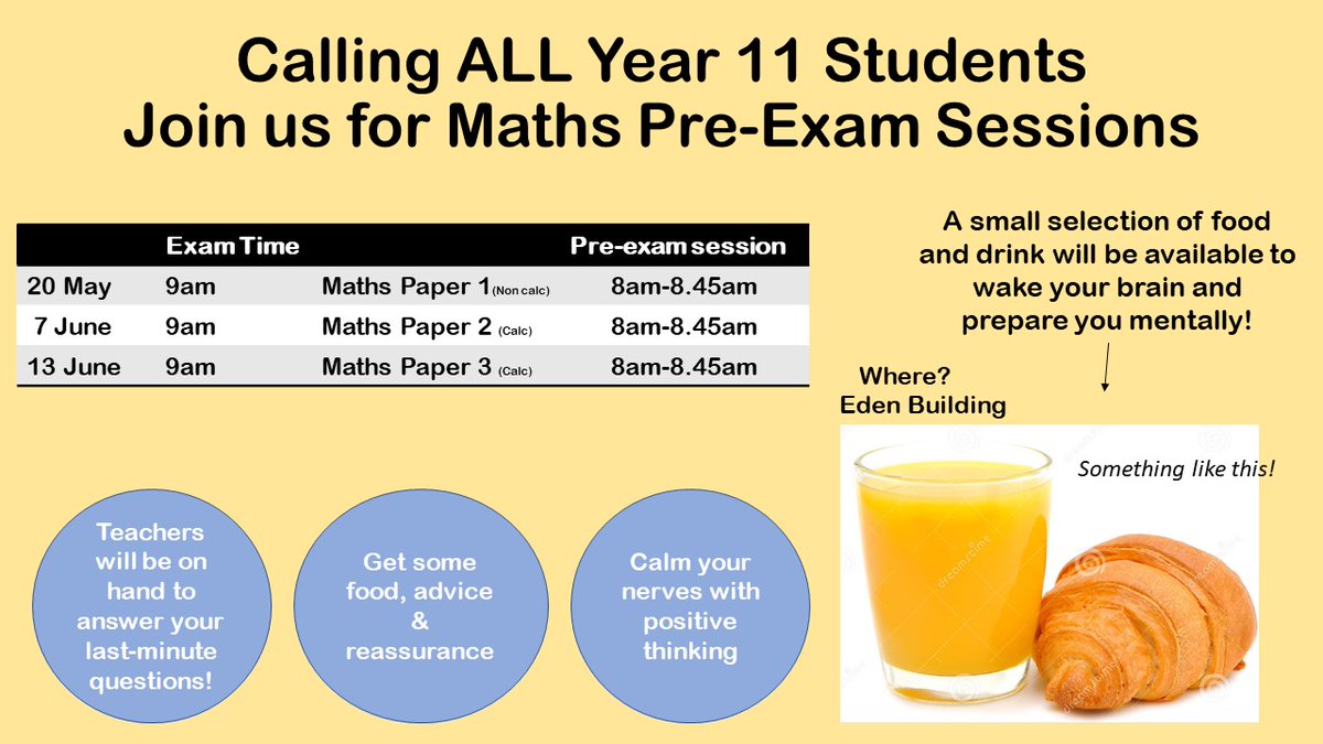 oxtedschool's tweet photo. Year 11 students are invited to Pre-Exam Sessions for English, Maths and Science - breakfast included! 😀
#Exams #GCSErevision #revisionclasses https://t.co/ZBbuxNNAzA