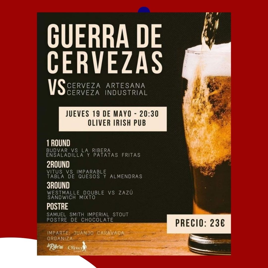 ¡Guerra de cervezas! El próximo jueves 19 de mayo no puedes perderte la cata que organiza Oliver Irish Pub junto con Juanjo Caravaca de <a href="/lariberabeer/">La Ribera Beer</a> 🍻 ⁠
⁠
Un evento para conocer más sobre el apasionante mundo de la cerveza 🍺🤤⁠
⁠
👉 ¡Reserva ya tu plaza!