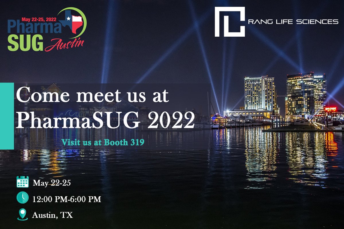 RangLifeScience's tweet photo. #RangTechnologies, Inc. Is delighted to be a sponsor at #PharmaSUG2022. Our team of subject matter experts is looking forward to meeting with you at our #exhibition booth 319.
#ranglifesciences #PharmaSUG #Austin #Texas #EVENT #LifeSciences https://t.co/wTyFlgwdnD