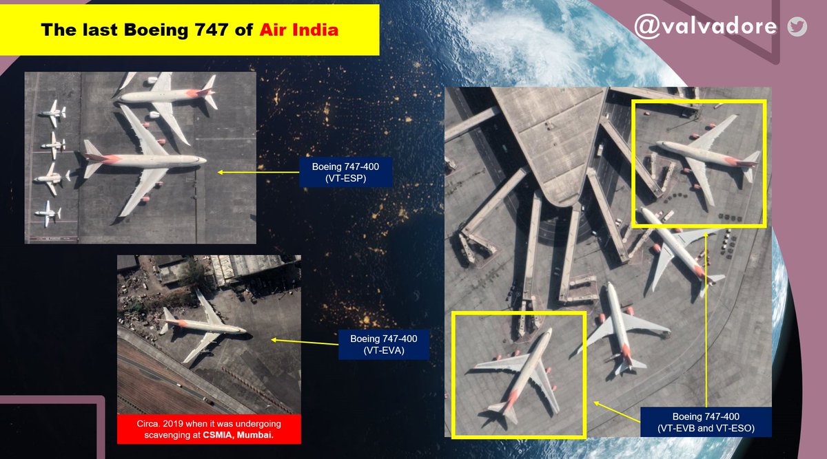 valvadore's tweet photo. We look at the recently deregistered @airindiain @Boeing  747-400 aircrafts, at the @CSMIA_Official  Airport, Mumbai
VT-EVB and VT-ESO were part of Air India One fleet, and one (VT-ESP) for civil ops, while fourth (VT-EVA) was scavenged for parts.
#AirIndia #Boeing747 #Aviation https://t.co/vucUy9YsXF