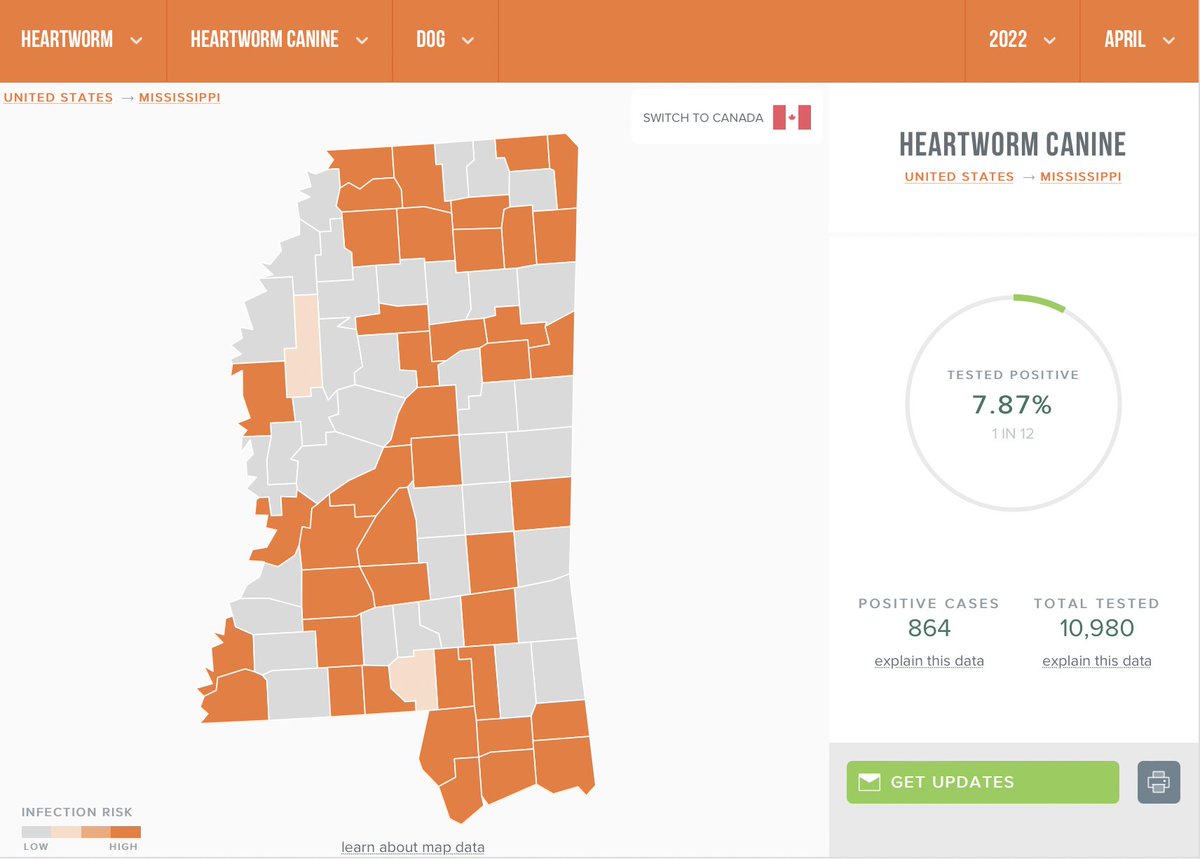 CAPCVet's tweet photo. In the month of April, 1 out of 12 dogs tested for heartworm disease in the state of Mississippi were positive. 

Protect all dogs from heartworm infection by using preventives year round.

Sign up to get alerts for local prevalence data https://t.co/jdc9UK5Csr https://t.co/vfNWzkiiGX
