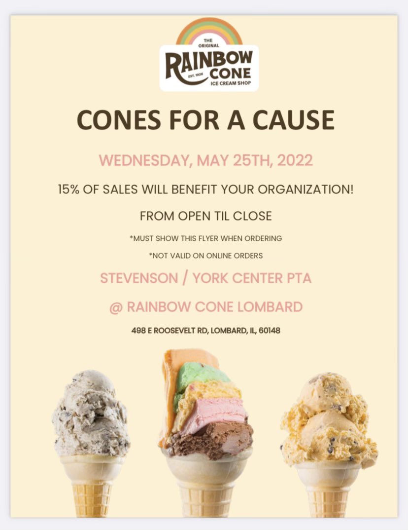 Save the date: Our last dine and donate event for <a href="/D45Stevenson/">Stevenson School</a> <a href="/D45YorkCenter/">York Center School</a> students! <a href="/D45Schools/">School District 45</a> #icecream🍦