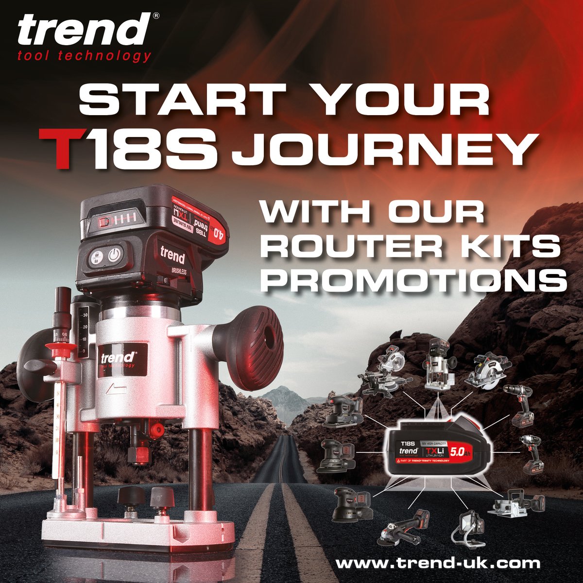 TrendToolTech's tweet photo. Great news! A number of dealers across the country are participating in an awesome offer on the Trend T18S #CordlessRouter Kits! Giving you the opportunity to purchase one of our T18S Cordless Router Kits with up-to 50% off! Find out more here https://t.co/lwpNWfBpih https://t.co/EXfbsS2Vm8