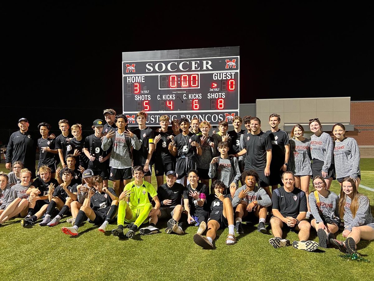 Mustang_Soccer1's tweet photo. What. A. Night. We are headed to the State Championship! Guys beat Bixby 3-0 behind goals from Mung Mang, Keagan Prigmore, and Preston Schultz. The atmosphere was electric! #MustangSoccer #HorsePower #LeaveNoDoubt https://t.co/qOdDSwmnuR