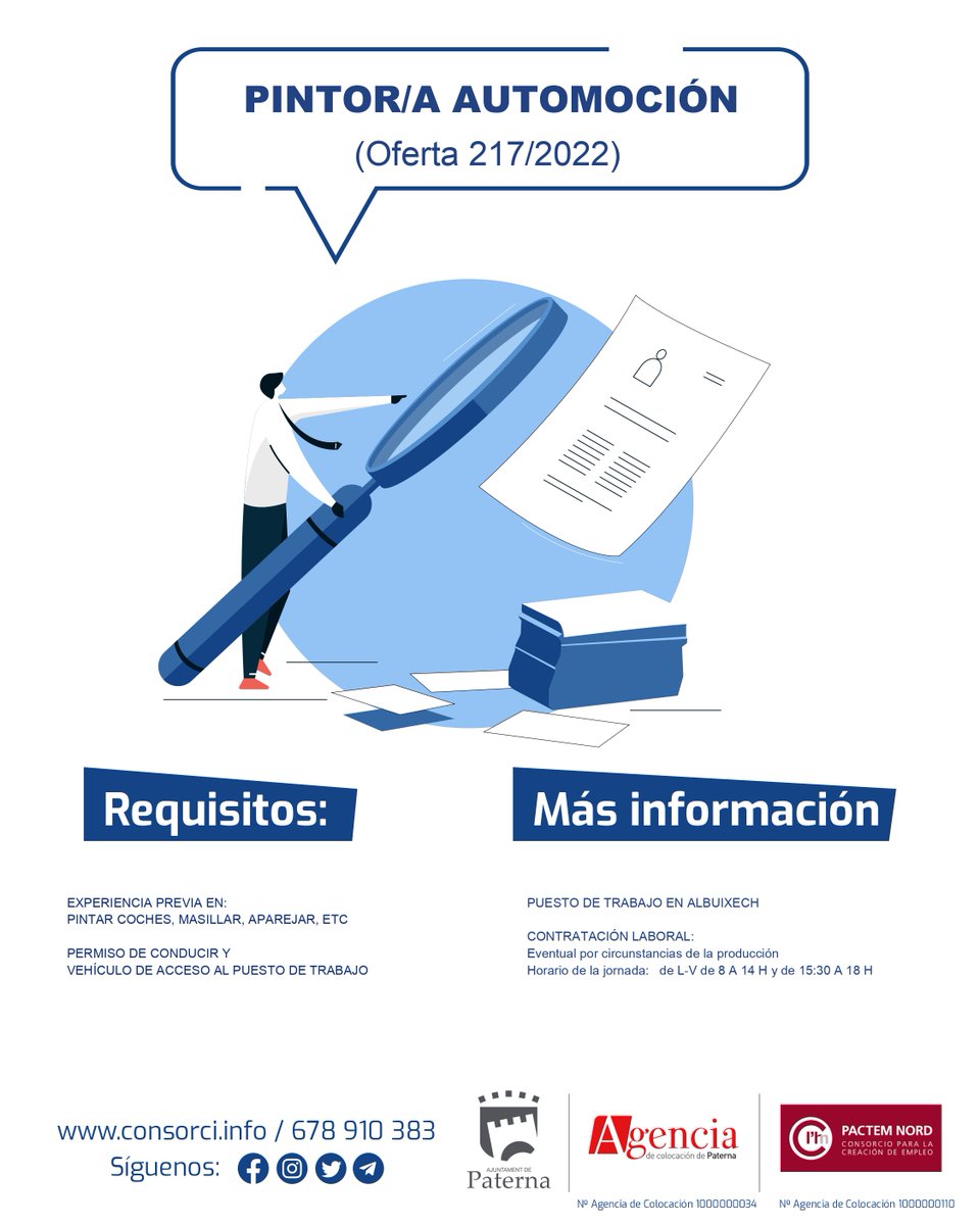 SocioEcoPaterna's tweet photo. #OFERTA #EMPLEO #AGENCIADECOLOCACIÓN #PACTEMNORD
➡️ PINTOR/A AUTOMOCIÓN ⬅️
Más información:
678 910 383
https://t.co/nc2xsq1USI https://t.co/pDpzxSlOjW