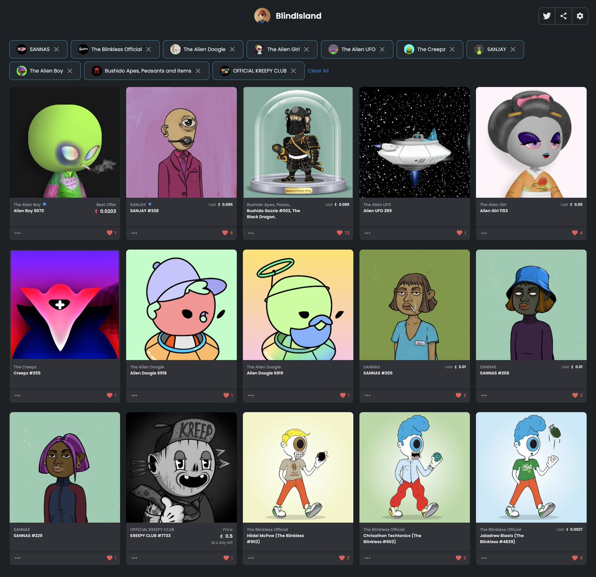 BIG shoutout to these projects that are grinding &amp;
👁️ still ♥️
If you're a holder of any of these drop a comment about what you love about them!

@AlienBoyUpdates <a href="/SICKO_UNIVERSE/">SANJAY</a> <a href="/BushidoApes/">Bushido Apes 🍌</a> <a href="/The_CreepzNFT/">The Creepz 👻</a> <a href="/kreepyclub/">KЯEEPY CLUB</a> <a href="/theblinkless/">The Blinkless</a> <a href="/thealiendoogle/">The Alien Doogle</a>