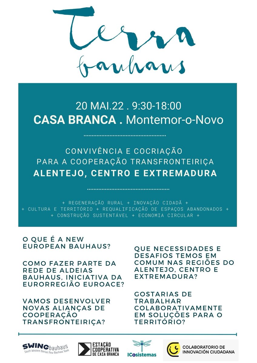 📢 I Encuentro Terra Bauhaus en Montemor 🇵🇹
🗓 20 de mayo
⏰ 9:30-18:00 h.
📍Casa Branca. Montemor-o-Novo (Alentejo)
➕ info bit.ly/3LUZBL3
📲 Formulário de inscripción bit.ly/396XQvC
#EUGreenDeal #NextGenerationEU  #StrongerTogether  #NEB #PortugalBauhaus