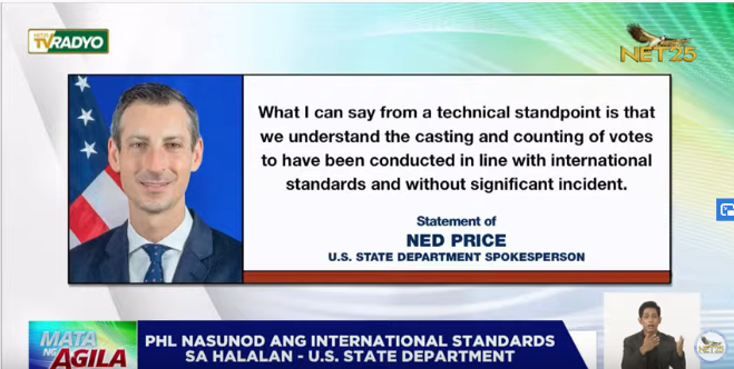 NET25TV's tweet photo. Eleksyon sa Pilipinas, nasunod ang international standards, ayon sa US State Department. U-S handang makatrabaho ang susunod na administrasyon. I via @moiraencina #NET25MataNgHalalan https://t.co/9Hf0GYzrjq