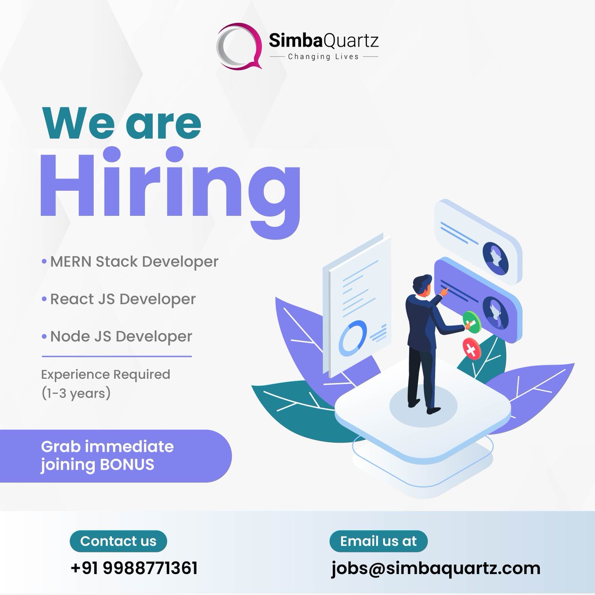 SimbaQuartz's tweet image. SimbaQuartz is Hiring !!!
-MERN Stack Developer
-React JS Developer
-Node JS Developer
#Hiring | #StackDeveloper | #ReactDeveloper | #NodeDeveloper | #MandeepKaurTangra | #SimbaQuartz | #ChangingLives | #BeNiceAnyway®️ | #ITVillage | #WhiteCollarJobs | #Tangra