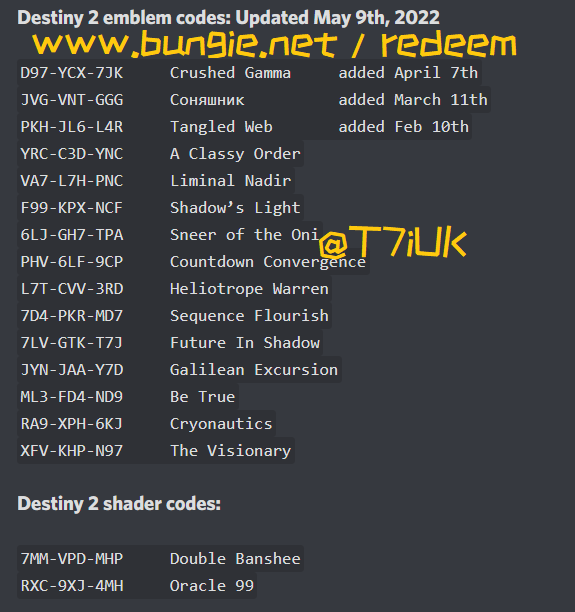 T7iUK's tweet photo. FREE Emblem and Shader codes for Destiny 2 &amp; Destiny 1 enjoy 😀 #Destiny2 https://t.co/EwPuhuQ3rE