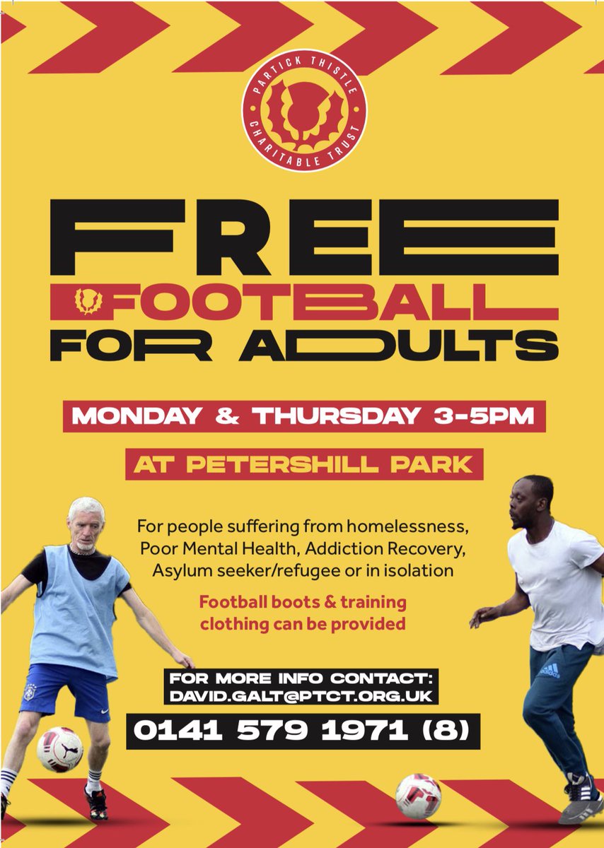 DavidGalt7's tweet image. Free Football for Adults ❤️💛

Open to anyone experiencing any challenges in their life.
Just games of football &amp;amp; a bite to eat afterwards 🙌🏻

All based at Petershill Park 🏟 Boots &amp;amp; clothing provided 🙌🏻