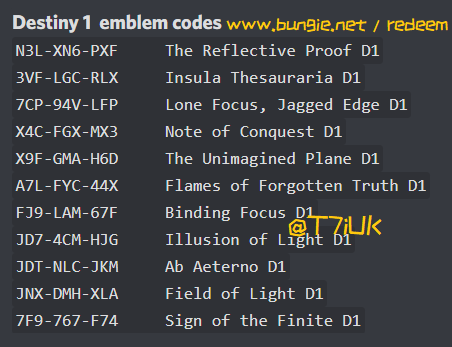 T7iUK's tweet photo. FREE Emblem and Shader codes for Destiny 2 &amp; Destiny 1 enjoy 😀 #Destiny2 https://t.co/EwPuhuQ3rE