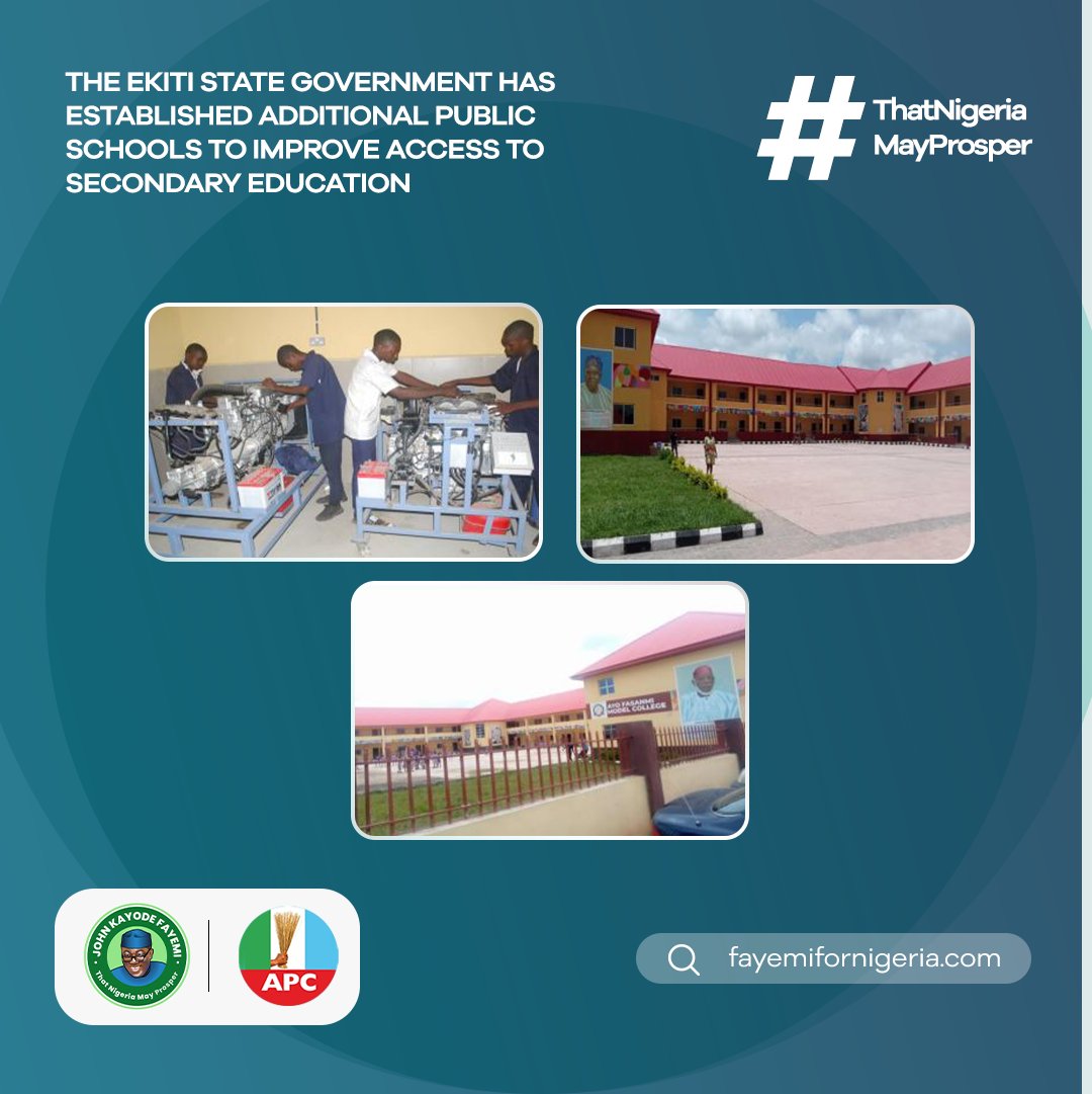 fayemifor9ja's tweet photo. The Ekiti State government under Governor Fayemi has established additional public schools to improve access to secondary education. These schools include:

https://t.co/x27hbpWC28 
#ThatNigeriaMayProsper 
#FayemiForNigeria https://t.co/X8RyP7jSM3