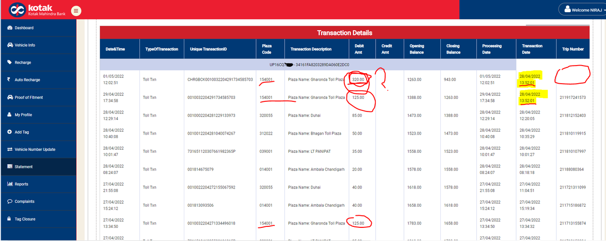 nirajksingh's tweet image. Toll Plaza is deducting money twice with same transaction date&amp;amp;time but with a different processing date with different amount (125/320). Is this a beginning of new  #FastTagScam @nitin_gadkari Sir ? Glad I checked the statement as SMS are mostly delayed for toll plaza payment