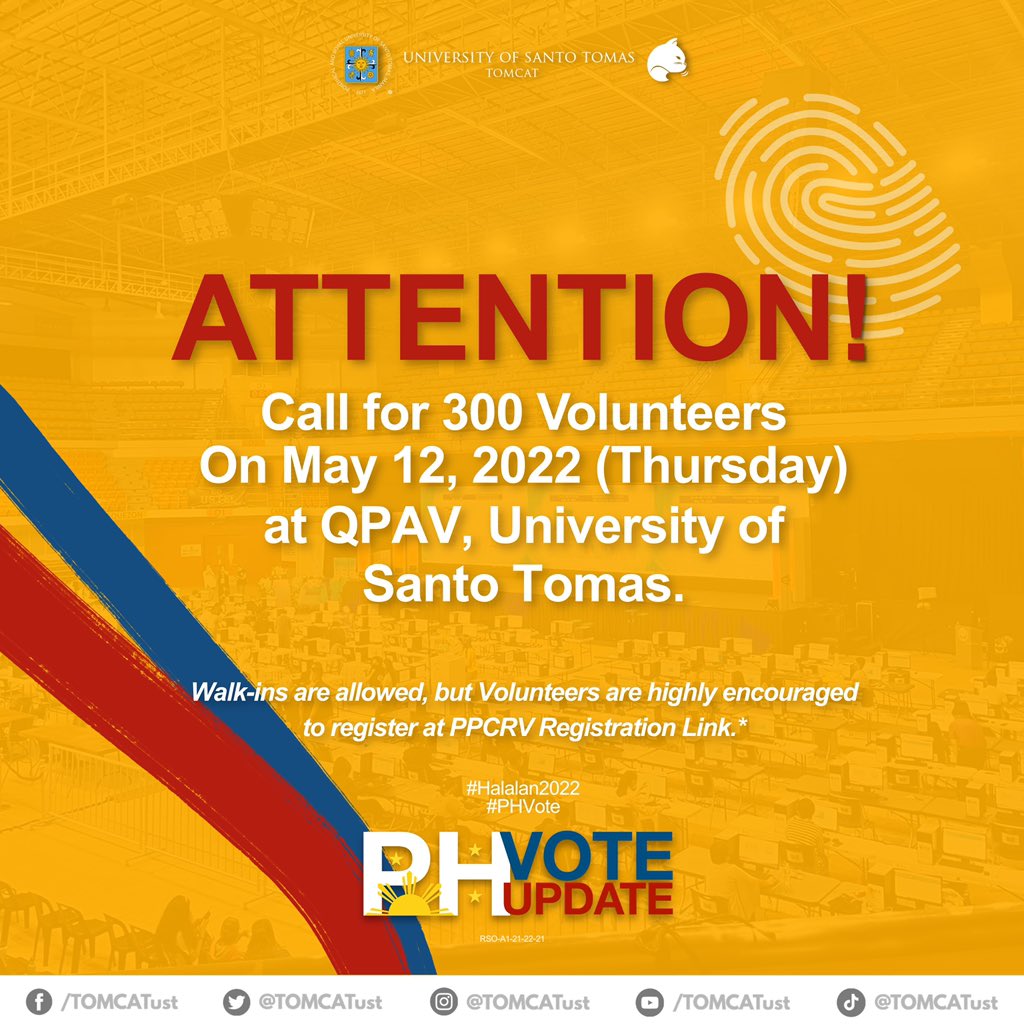 TOMCATust's tweet photo. JUST IN: PPCRV Chairperson, Ms. Myla Villanueva, announced that they are in need of 300 volunteers tomorrow, May 12, at the UST QPav.

Register at https://t.co/SAbaVfjwYA

#Halalan2022
#PHVote
#PPCRV https://t.co/TxxmZUkptj
