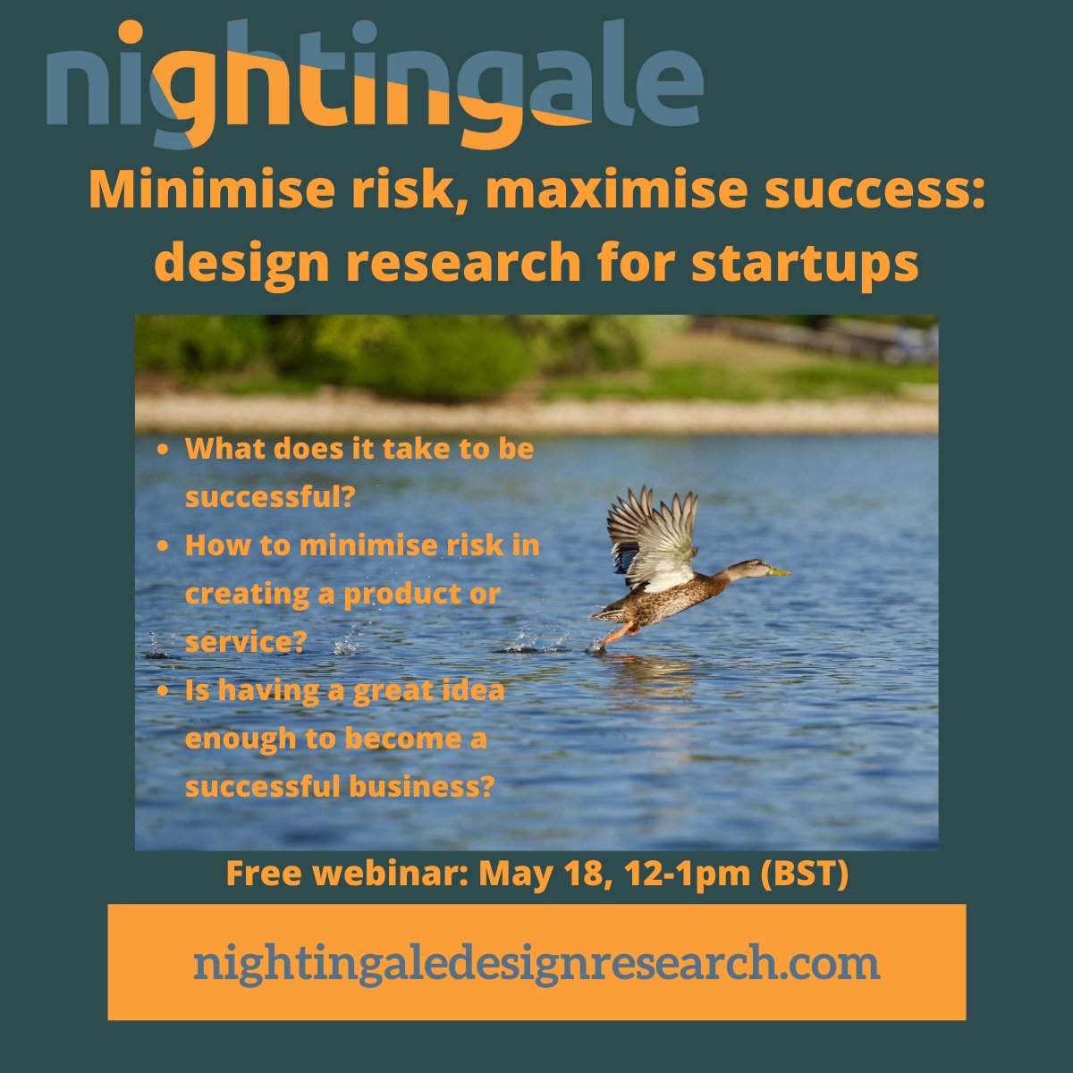 𝗠𝗶𝗻𝗶𝗺𝗶𝘀𝗲 𝗥𝗶𝘀𝗸, 𝗠𝗮𝘅𝗶𝗺𝗶𝘀𝗲 𝗦𝘂𝗰𝗰𝗲𝘀𝘀: 𝗗𝗲𝘀𝗶𝗴𝗻 𝗥𝗲𝘀𝗲𝗮𝗿𝗰𝗵 𝗳𝗼𝗿 𝘀𝘁𝗮𝗿𝘁𝘂𝗽𝘀.
Have questions about how design research can help your startup? Share in the comments below!
Join us for a free webinar:
nightingaledesignresearch.com/webinar/sign-u…

 #startups #webinar