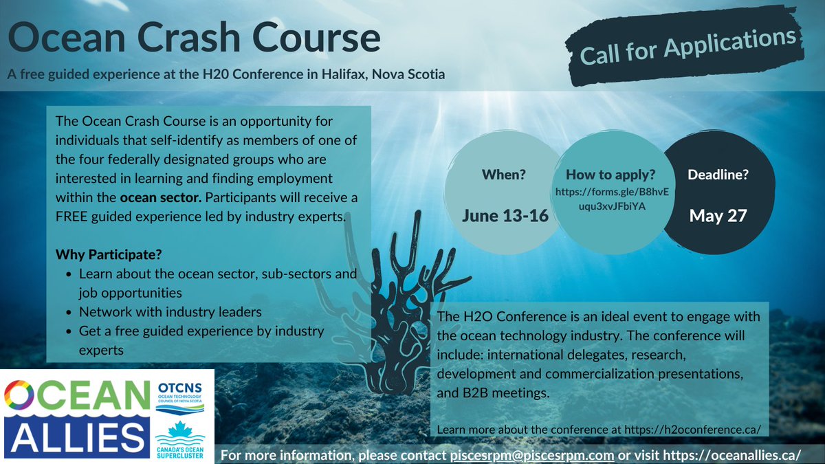 Ocean Allies is pleased to partner with @OceanTechNS  to offer a FREE guided experience of the H20 Conference in Halifax from June 13-16 for individuals who self-identify as one of the 4 federally designated groups. Apply here for this amazing experience: forms.gle/p4B3wDJxryj287…