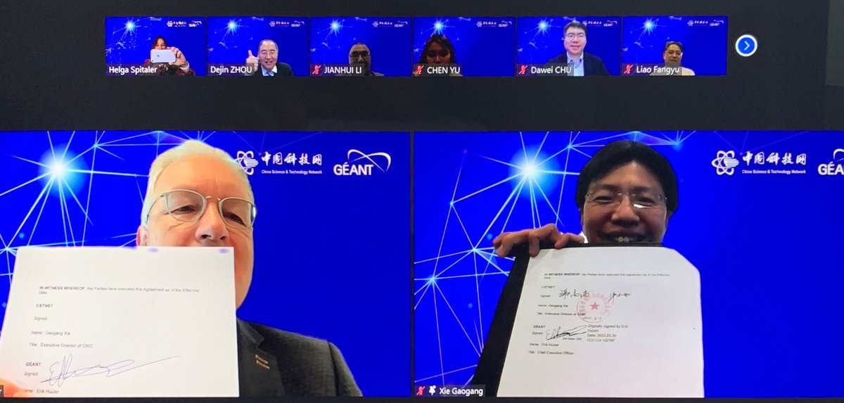 GEANTnews's tweet photo. Today marks a key milestone in China-Europe R&E collaboration & trust🤝
GÉANT and #CSTNET - the China Science and Technology Network - just signed a new Co-operation Agreement, setting out plans for a demand-driven upgrade of the current 10G intercontinental link to 100G! 🧵👇 https://t.co/JWkqYLeHYl