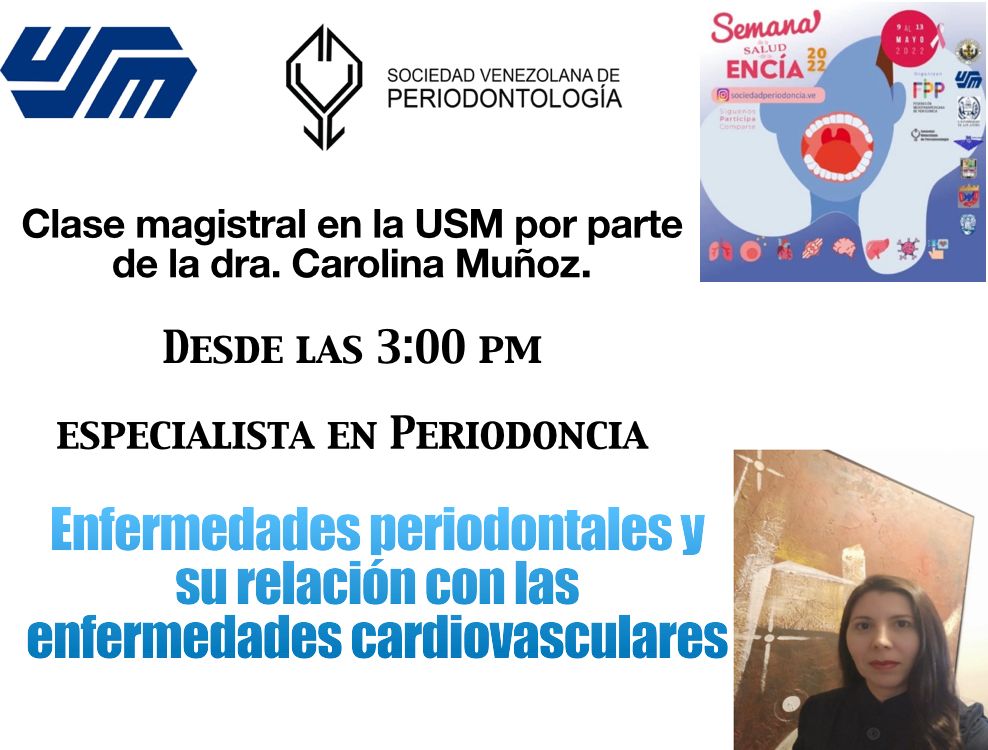 svperiodoncia's tweet photo. Continuamos con la programación de la Semana de la Encía. Conferencias en la @usm_vzla con @carolinitamunoz y la Dra. Mariana García #Encía #Salud #Periodoncia #Cardiovascular https://t.co/HoL0l8eJee