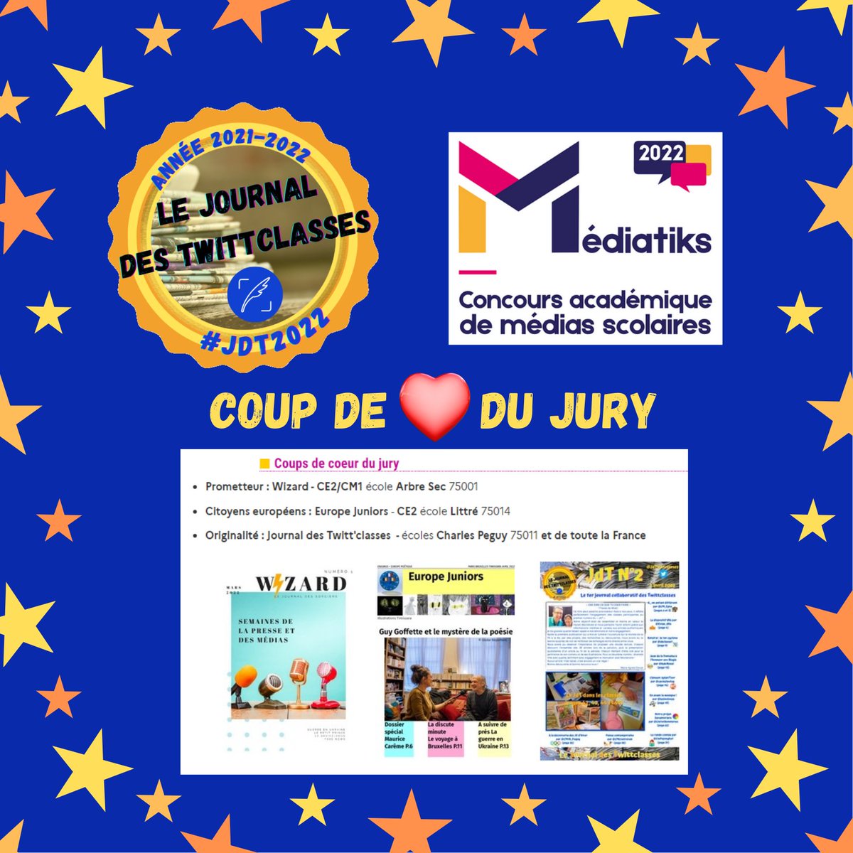 Nous avons la grande joie de vous annoncer que le Journal des TwittClasses a reçu le Coup de❤️du Jury au concours #Mediatiks  pour l'<a href="/Academie_Paris/">Académie de Paris</a> pour son originalité ! #JdT2022 <a href="/ClemiParis/">EMI_CLEMI Paris</a>
Après notre nomination au Prix #EMI 2022 des <a href="/LesAssises/">Assises du Journalisme</a>, voilà une belle récompense.🏆