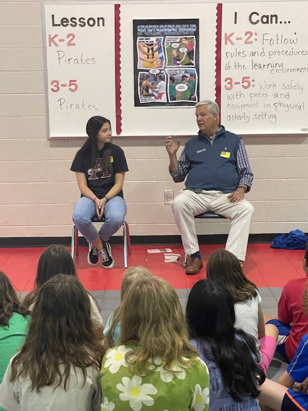 PickettsMillES's tweet photo. Thanks to @PositiveAthGA President/CEO Scott Pederson &amp; @allatoona_hs  athlete Lizzie Dziedzic for coming out to speak to a few of our 4th and 5th grade 🏴‍☠️ classes this week!!! #AnchoredinLeadership #BeTheLight https://t.co/h1RmsvgBFQ