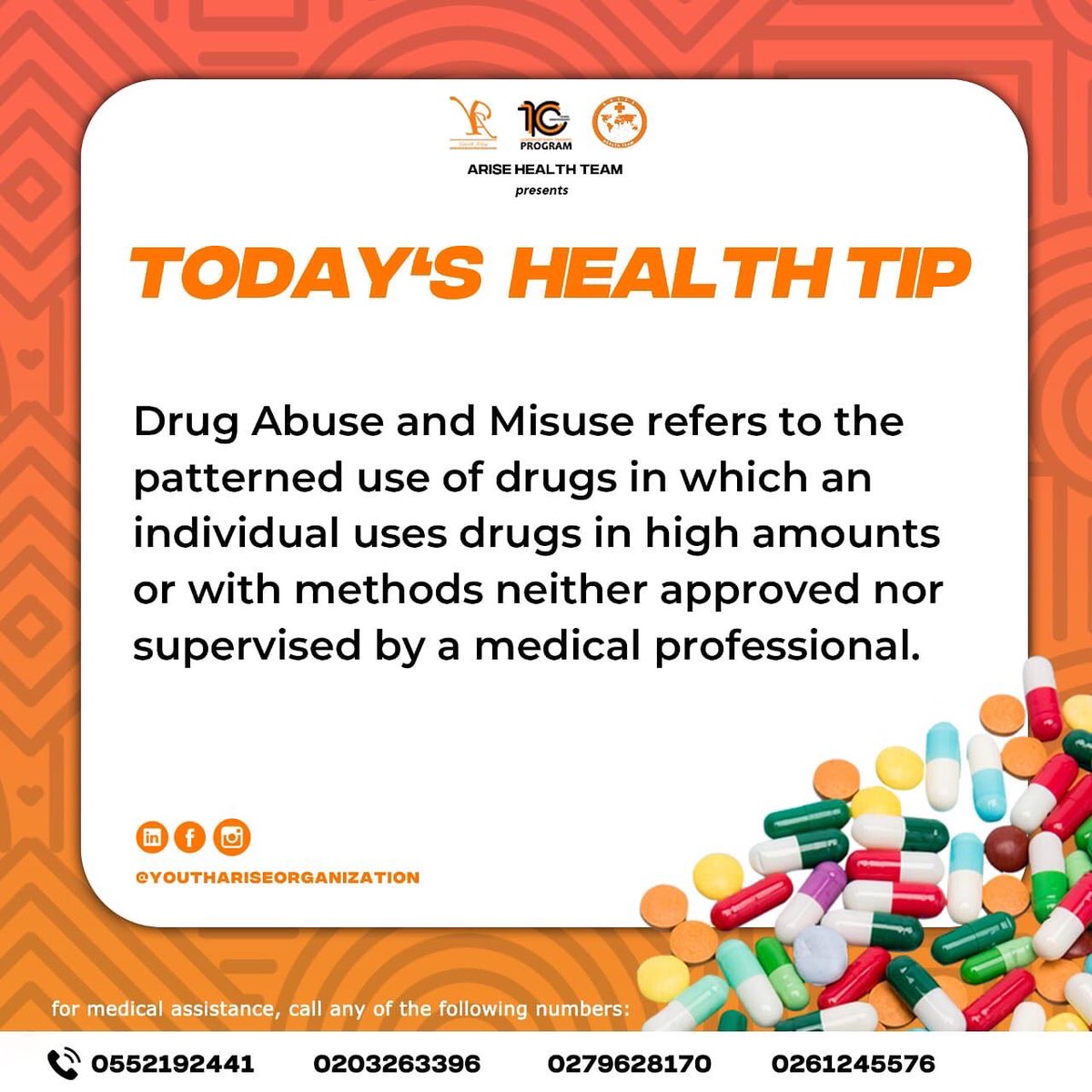 Youthariseorg's tweet photo. On this episode of our Weekly Health Tips, we tackle Drugs and Misuse💊
How often do you take unprescribed medication and why?
Bringing you more the tips and updates happening in the world of Health and Safety next week📝🔥
#drugs #weeklyhealthtips #YAOhealthteam #yaoglobal https://t.co/GKGMULbmR0