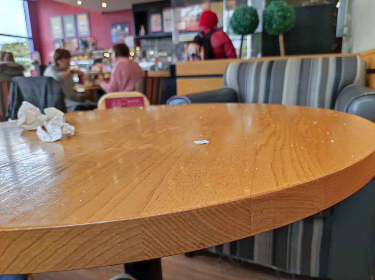 Gemgemsandy's tweet photo. Asked for a cloth to wipe my own table at Hertford @CostaCoffee to be told they would come and do it. Finished my coffee and cake on my lap and still waiting! Makes you laugh that only a few months ago we couldn't actually sit at a table until it was cleaned! https://t.co/xC9O6Q0NnS