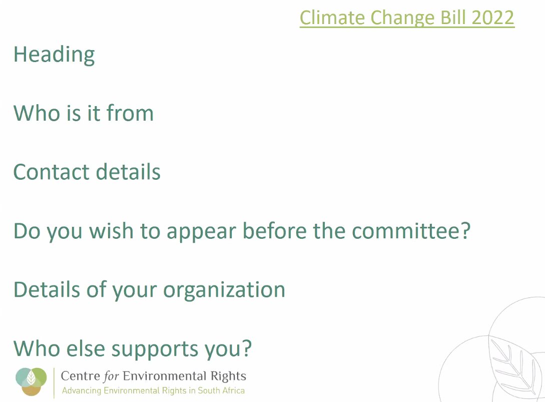 CentreEnvRights's tweet photo. Want to know how to put together your comments on the #ClimateChangeBill? The slides below cover the process. We will be posting a recording of this webinar on our YouTube, for more information. https://t.co/Mwzedl2EIH